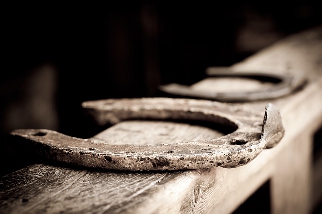 Deux fers à cheval porte-chance posés sur une rambarde en bois.