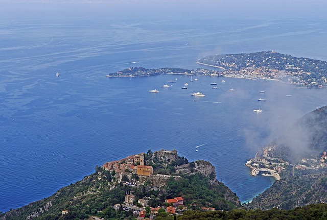 Bay of Eze with the view upon Saint-Jean-Cap-Ferrat and yachts.